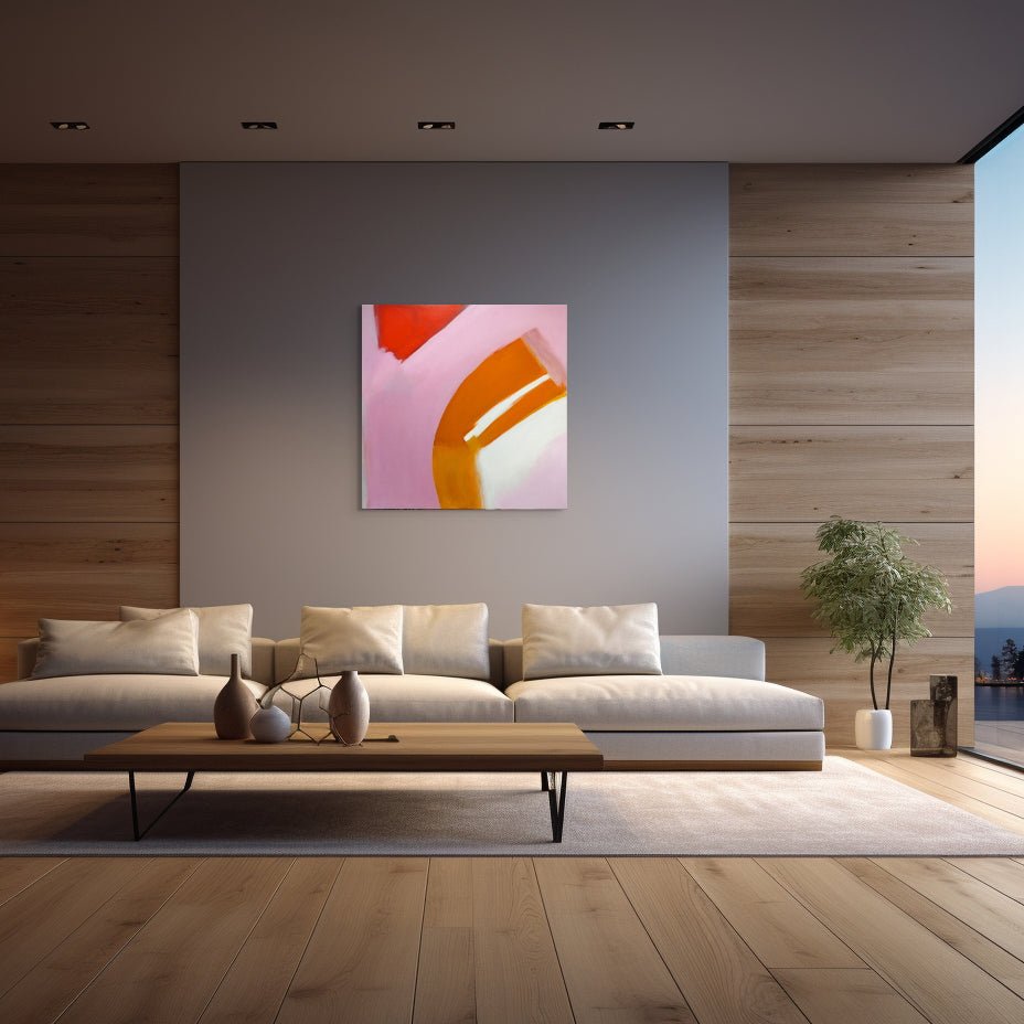 Original abstract painting for sale by award winning artist Marcus Callum on a wall in a luxury home with outdoor viewOriginal Painting: "Everything's Fine" (Available)